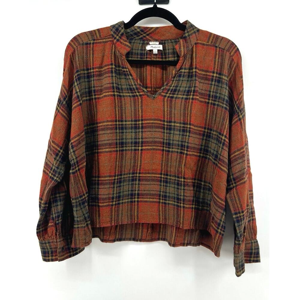 Madewell Plaid Flannel Split-Neck Pullover Blouse Size Large Rust Brown